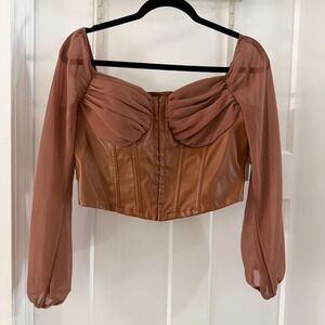 Windsor Large Brown Faux Leather Corset  Going out Top Sleeve Ruched Bustier